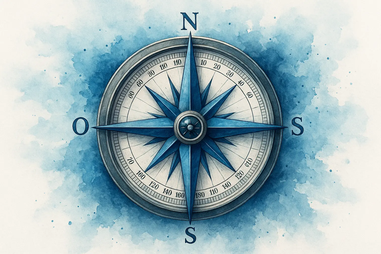 Illustration bleue d’une boussole de vie, réaliste et symbolique, représentant l’orientation intérieure et la clarté du chemin.