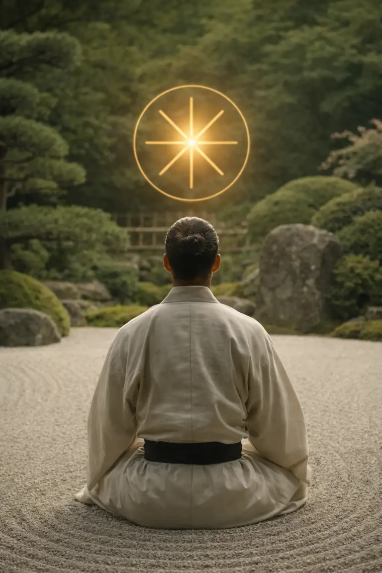 Homme japonais en tenue traditionnelle assis dans un jardin zen, observant le symbole de l’Éclat Initial, image d’alignement et de sérénité