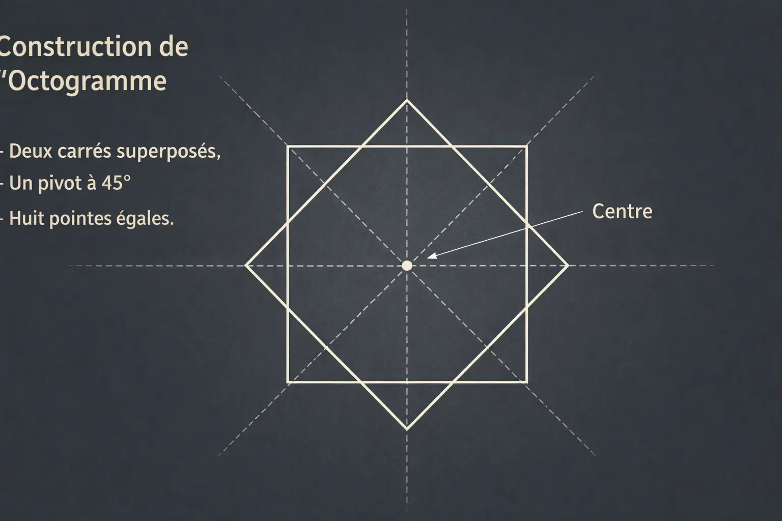 Schéma de construction d’un octogramme formé par deux carrés superposés