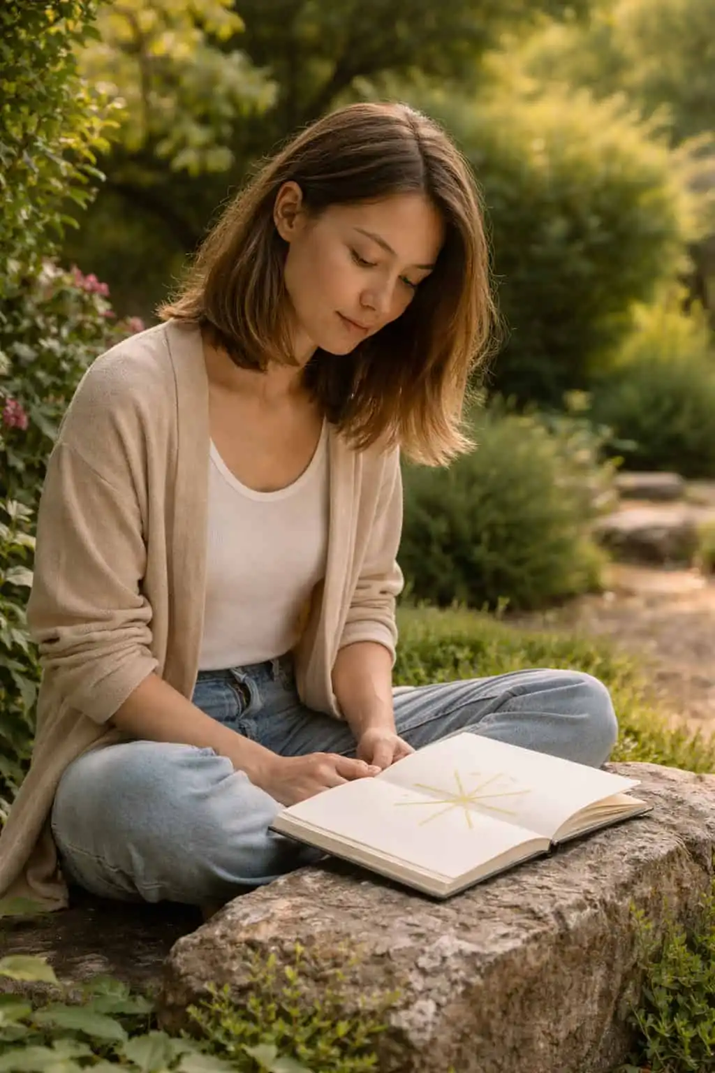 Femme assise dans un jardin lisant un livre ouvert avec une étoile à huit branches