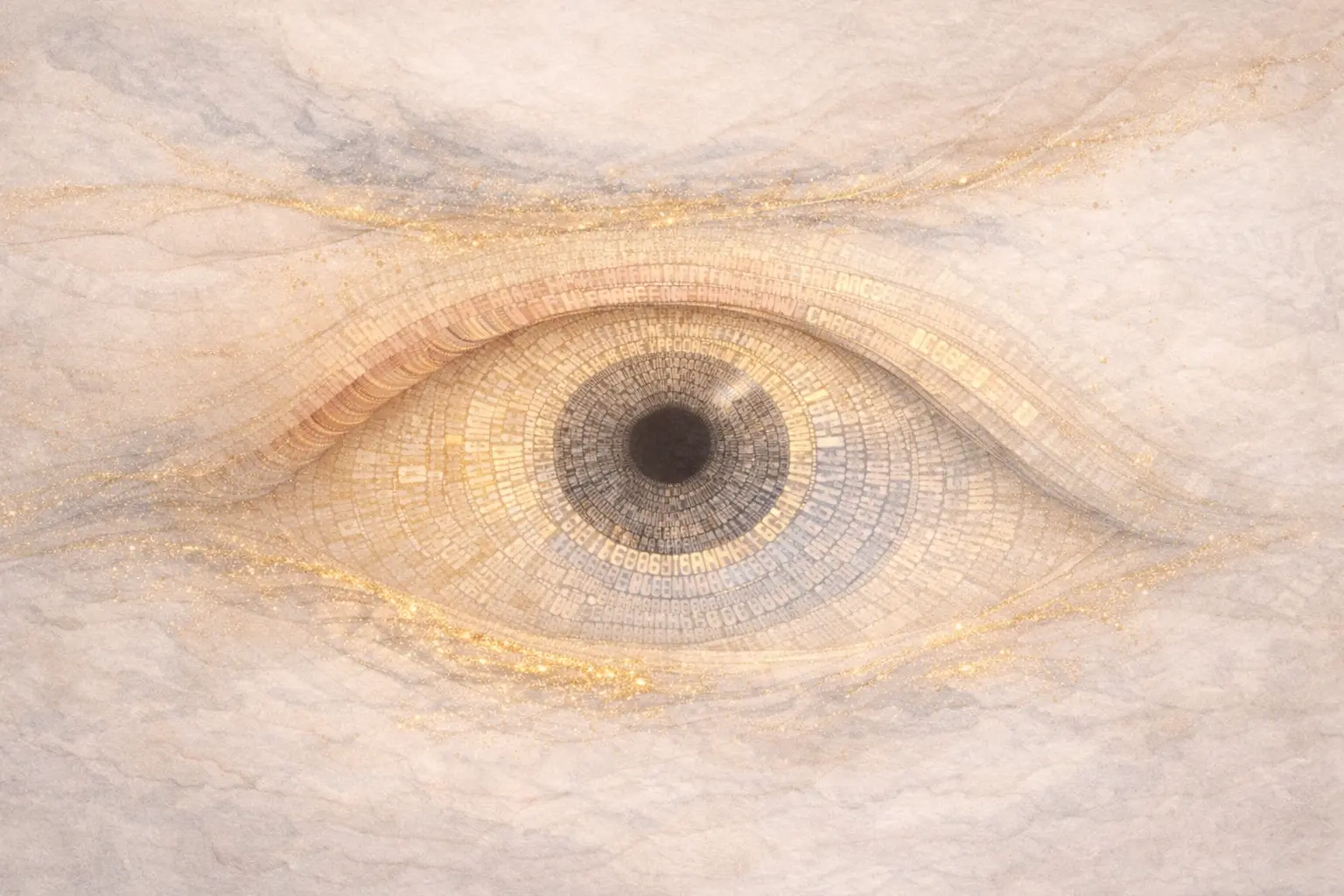 Illustration symbolique du mental : un œil composé de lettres représentant les pensées et l’observation consciente