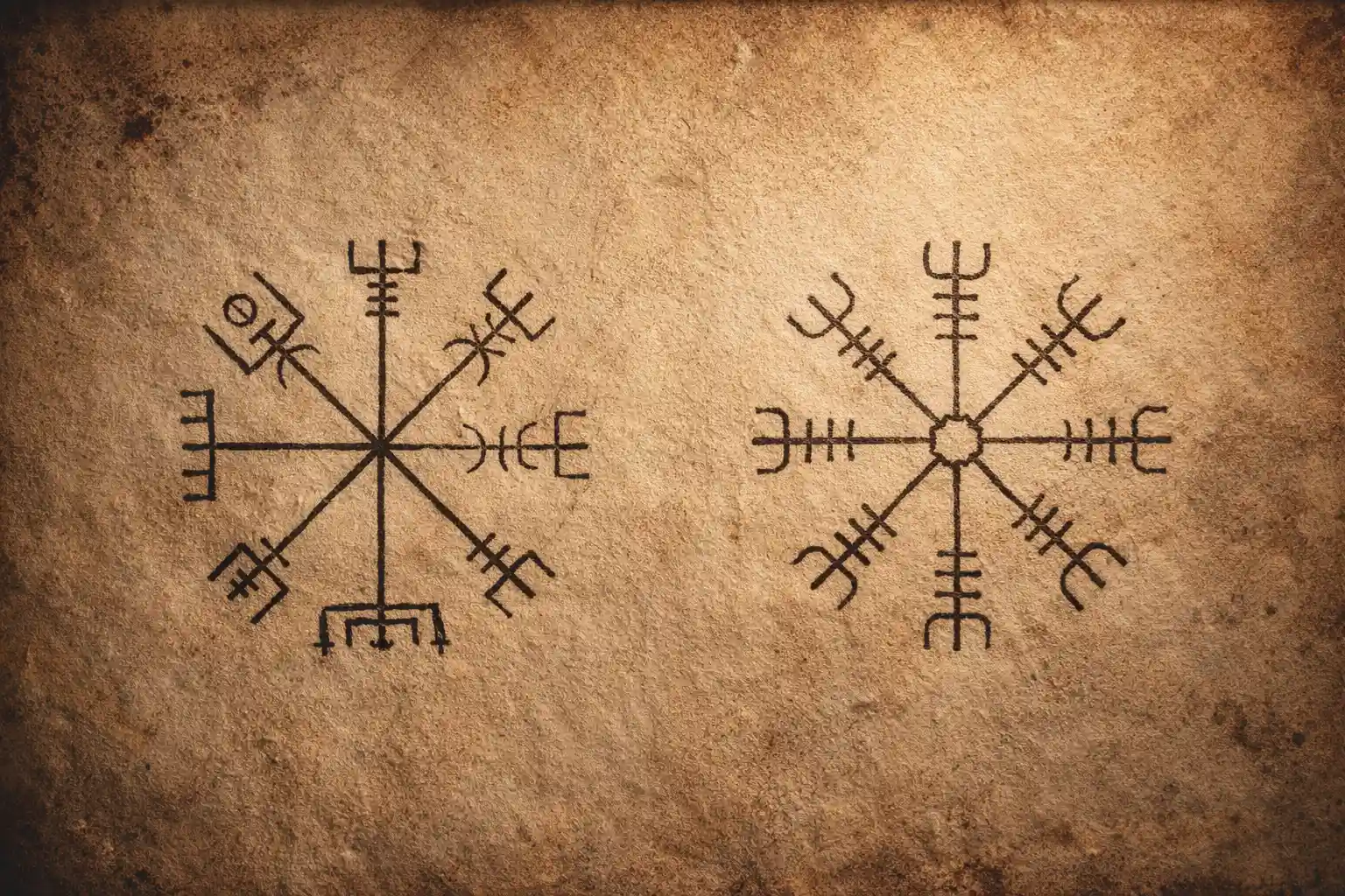 Représentation manuscrite du Vegvísir et de l’Ægishjálmur dans un manuscrit islandais ancien