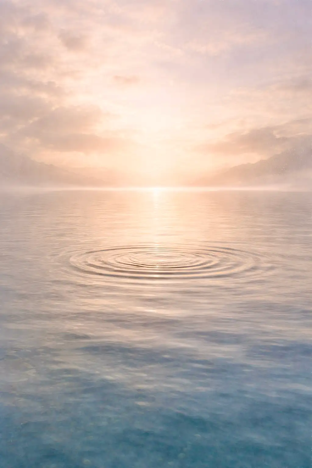 Ondes circulaires sur une eau calme au lever du soleil symbolisant le centre intérieur et la présence silencieuse