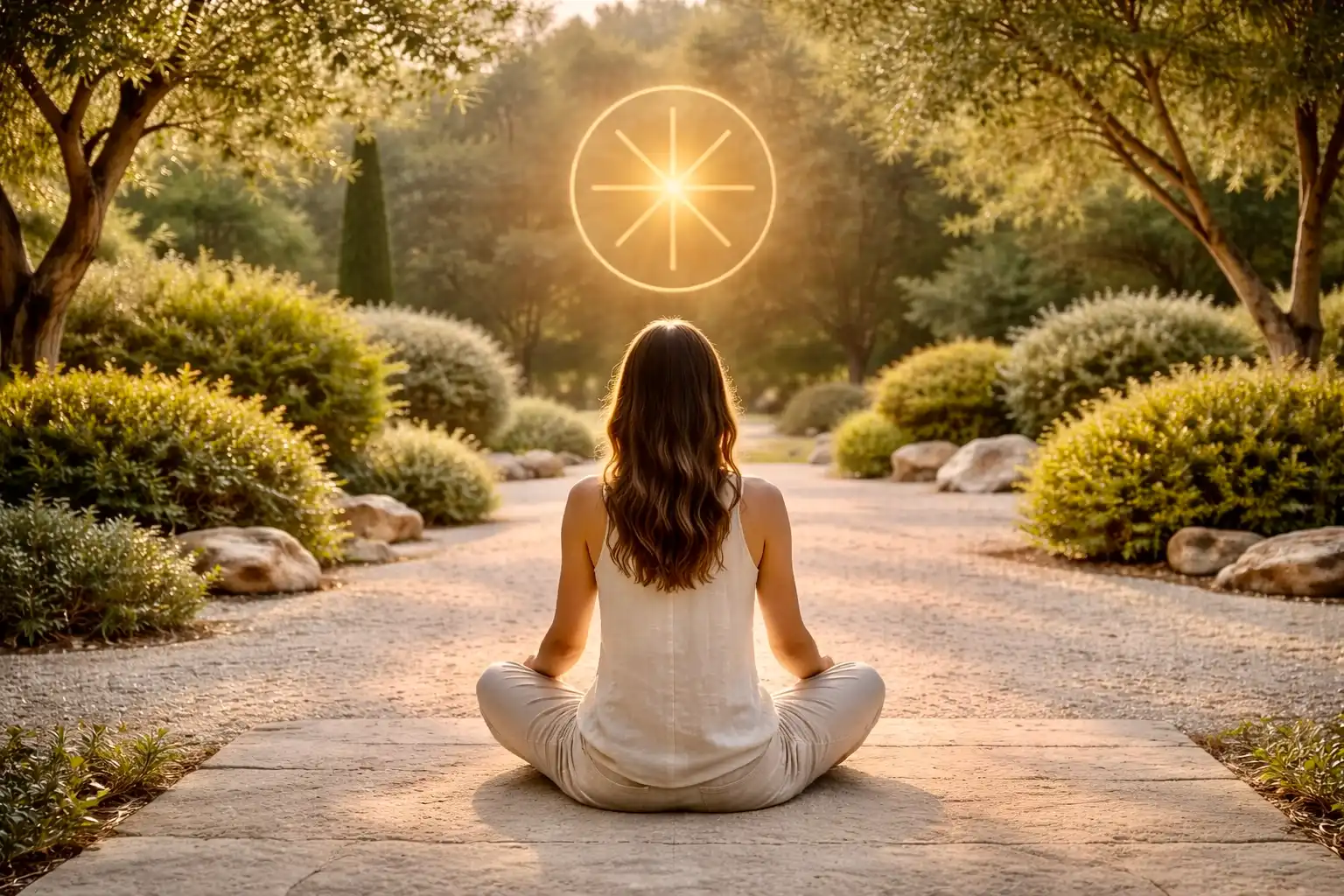 Femme assise de dos dans un jardin occidental minimal face au symbole lumineux de l’Éclat Initial