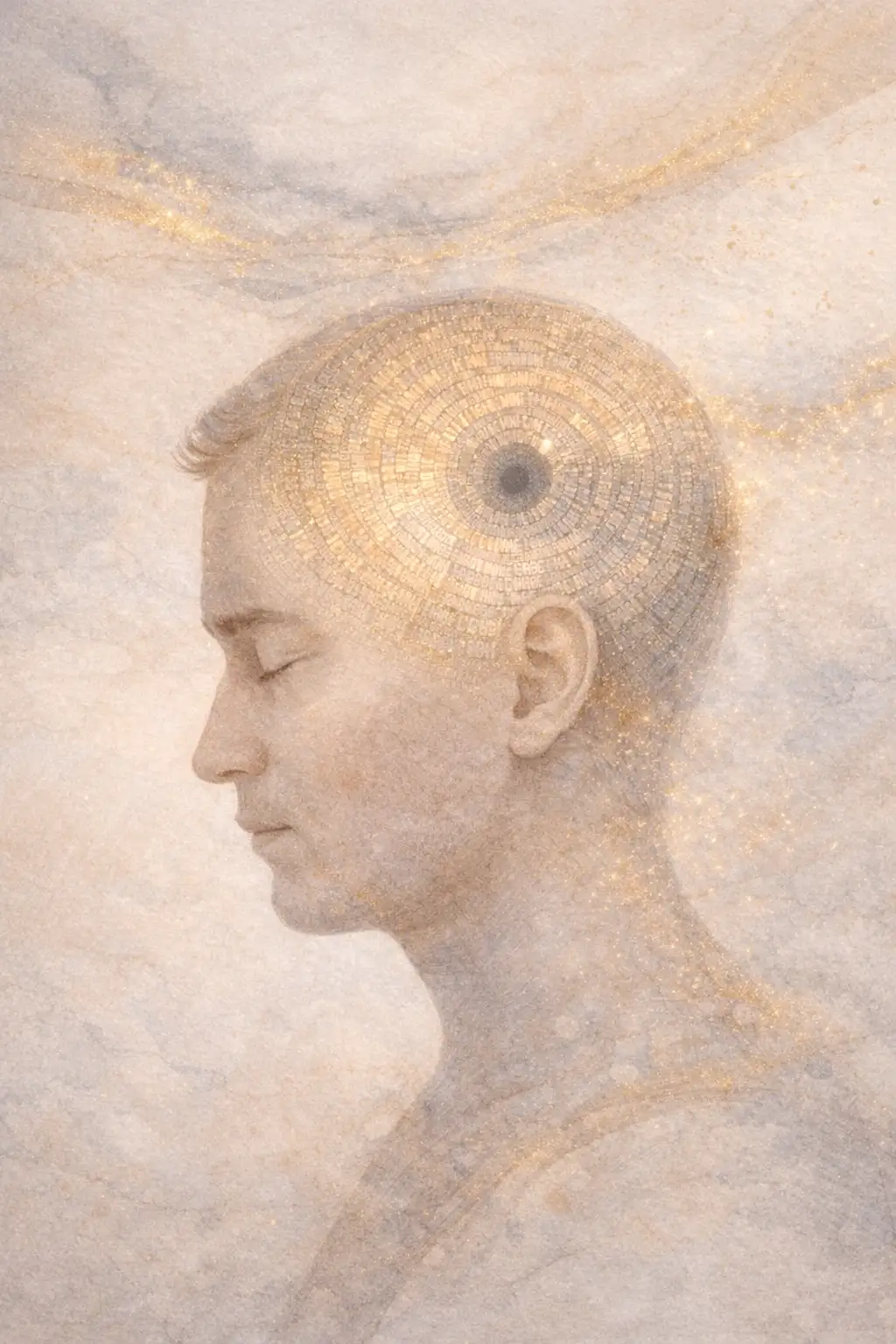 Observer ses pensées : illustration d’une personne de profil dont l’esprit est représenté par des cercles de lettres symbolisant le mental