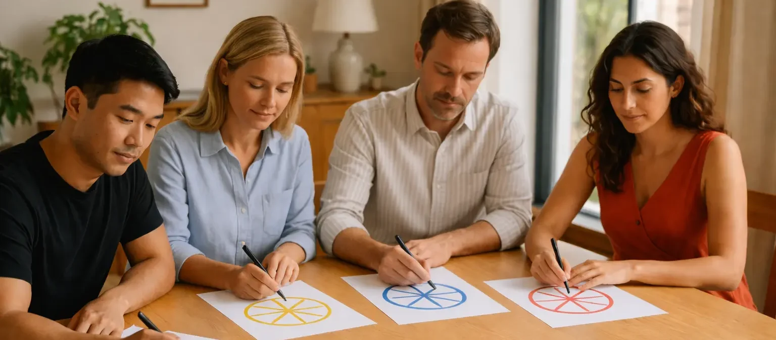 Personnes pratiquant l’Éclat Initial en groupe avec le symbole et le geste d’oscillation