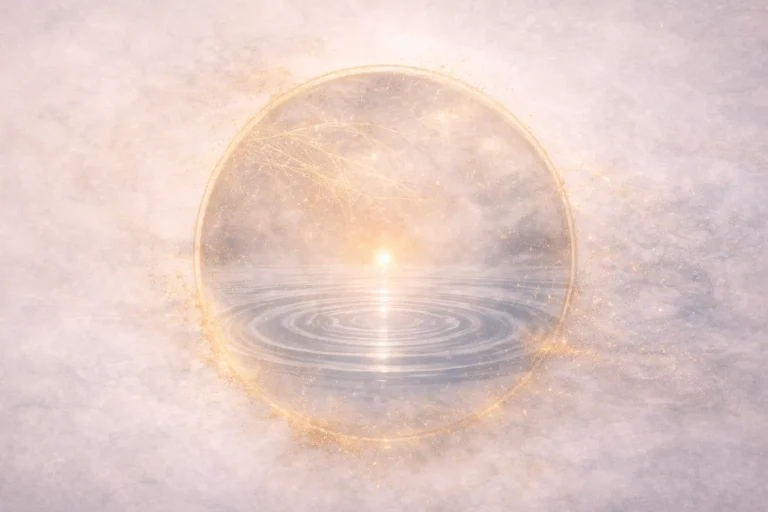 Cercle lumineux entourant un horizon paisible avec une onde centrale symbolisant la présence silencieuse et la stabilité intérieure