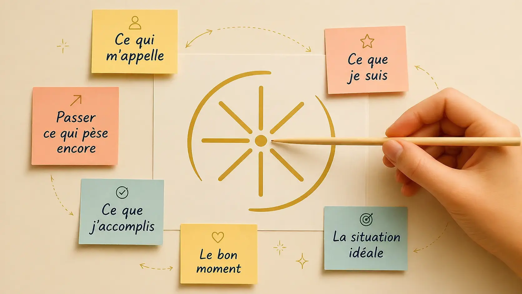 Symbole de l’Éclat Initial, avec une main qui trace l’oscillation entre le centre, les directions et les repères de vie.