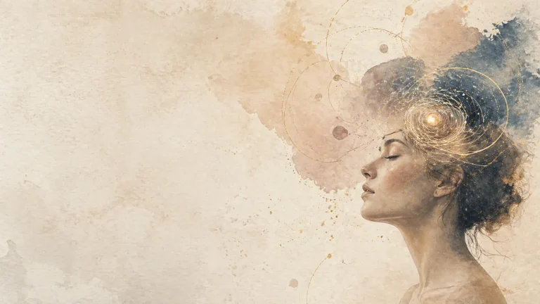 Illustration d’un visage apaisé avec des pensées en boucle représentées par des spirales lumineuses au niveau de l’esprit