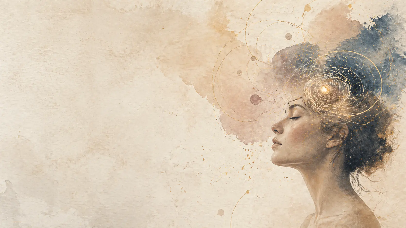 Visage apaisé et observateur avec des spirales lumineuses autour de la tête pour évoquer les pensées en boucle