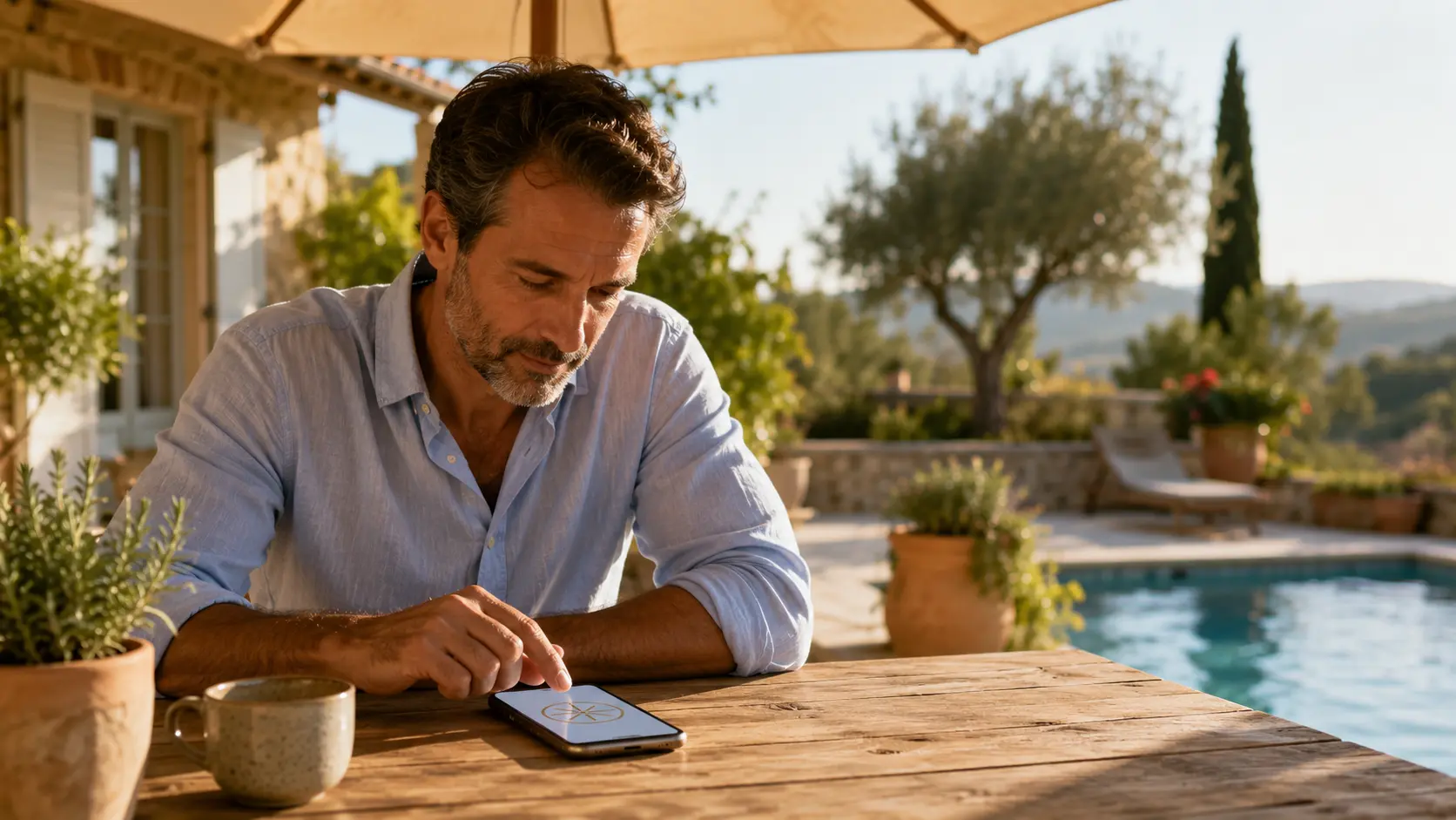 Homme utilisant le symbole de l'Éclat Initial sur son téléphone, assis sur une terrasse dans un environnement méditerranéen au bord d'une piscine.