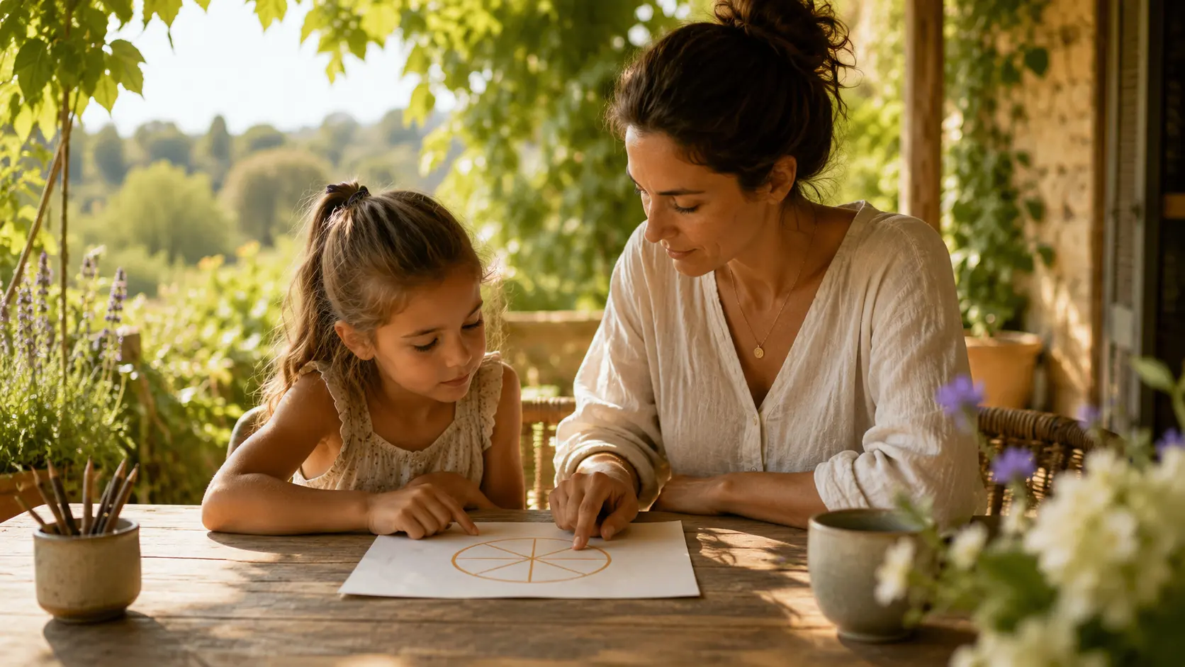 Une mère et son enfant explorent ensemble le symbole de l'Éclat Initial dans un environnement calme et naturel.