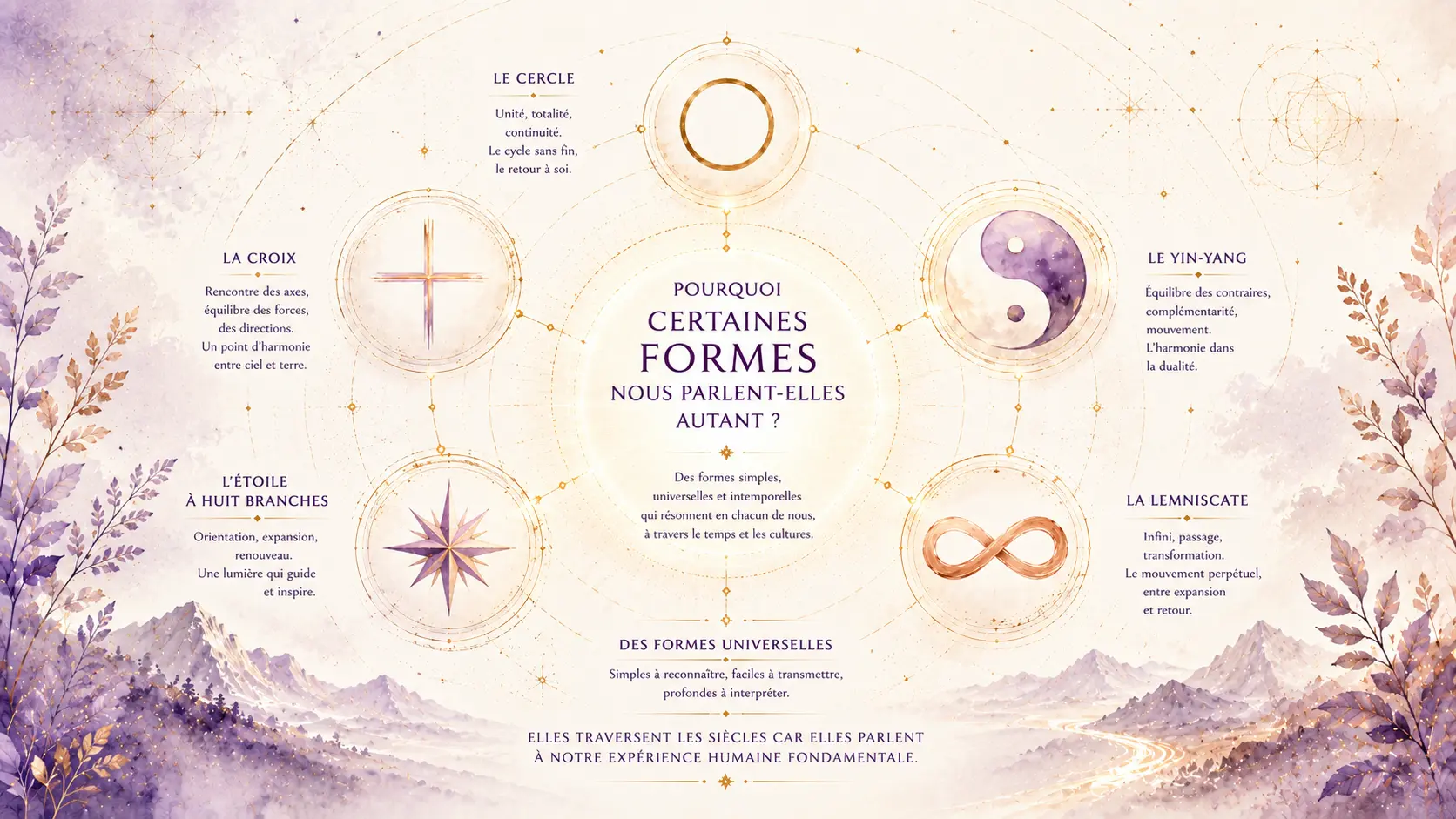 Cercle, croix, yin-yang, étoile à huit branches et lemniscate illustrant les grands symboles universels de l'humanité.
