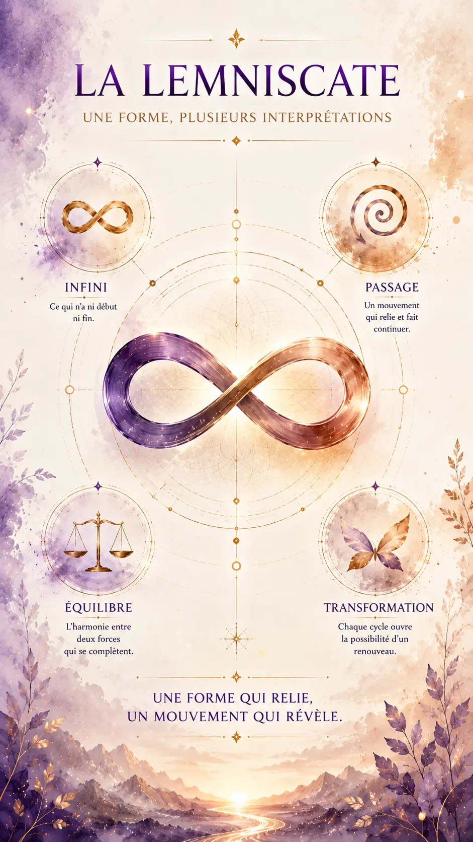 Infographie verticale sur la lemniscate présentant les notions d'infini, d'équilibre, de passage et de transformation.