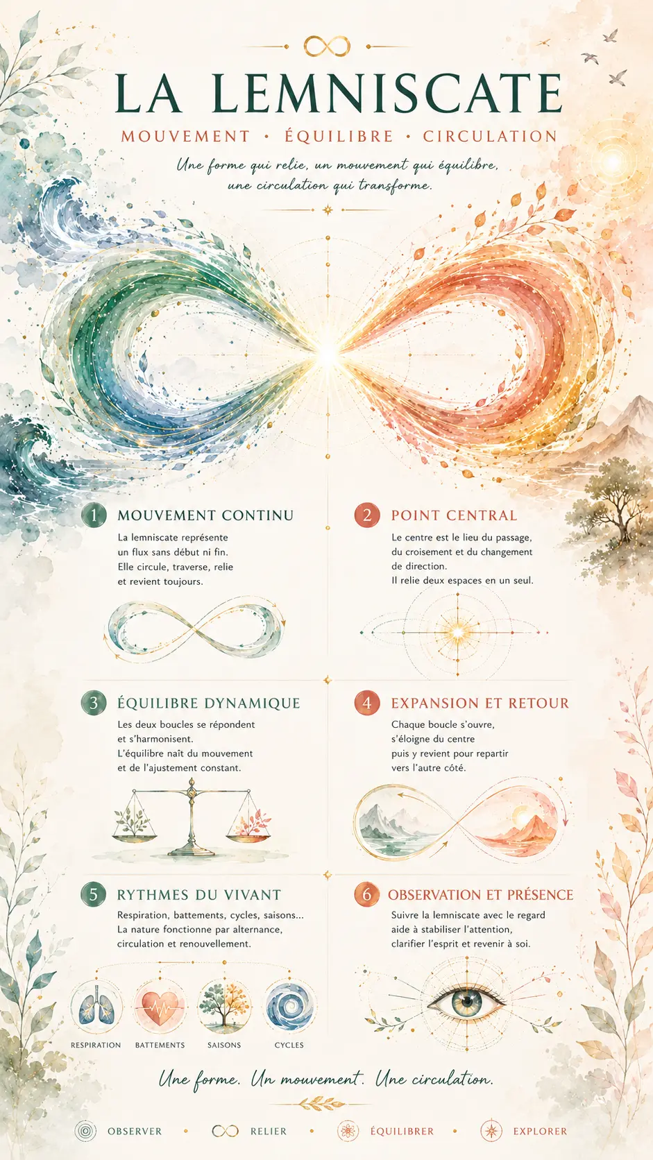 Infographie présentant les principes fondamentaux de la lemniscate : mouvement continu, point central, équilibre dynamique, expansion et retour, rythmes du vivant et observation.