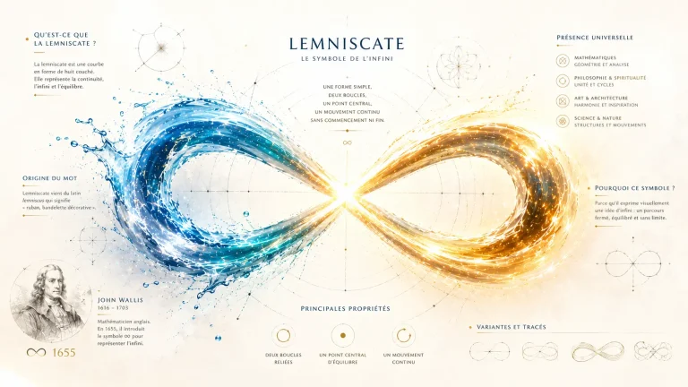 Illustration artistique d’une lemniscate lumineuse représentant l’origine, la signification et le symbole de l’infini.