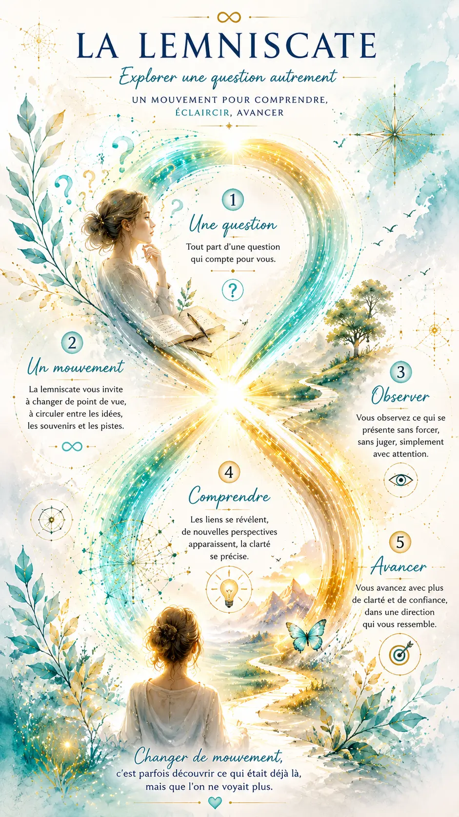 Synthèse visuelle de la pratique de la lemniscate pour explorer une question, une intention et développer une meilleure compréhension