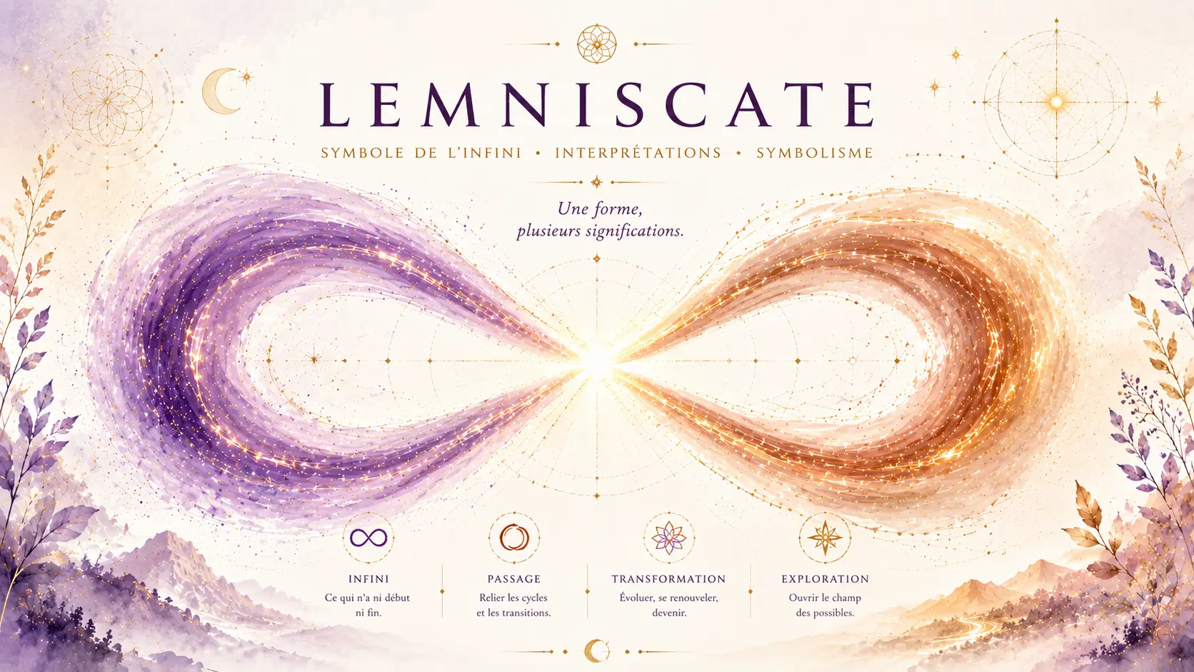 Lemniscate violet et cuivre représentant le symbole de l'infini et ses différentes interprétations symboliques.