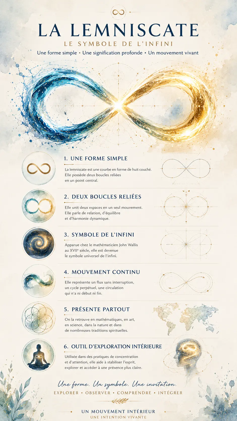 Infographie illustrée présentant les principales caractéristiques de la lemniscate : forme en huit couché, symbole de l'infini, mouvement continu et outil d'exploration intérieure.