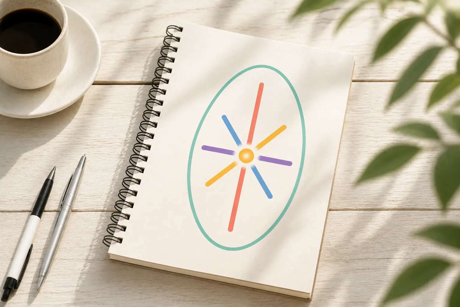 Symbole de l’Éclat Initial dessiné sur un carnet, posé sur une table claire