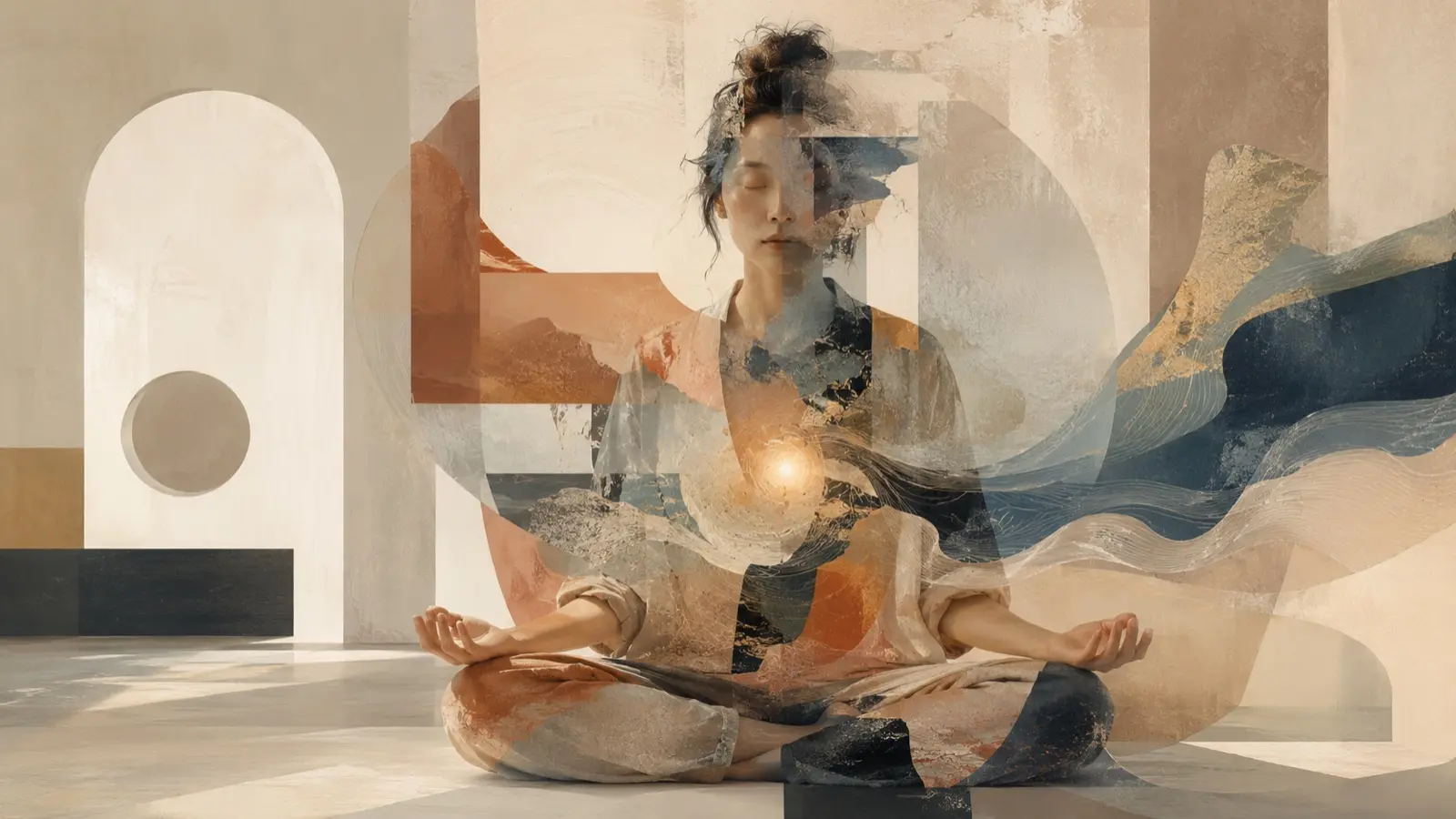 Femme en méditation dans une composition abstraite évoquant l’exploration intérieure et la connaissance de soi.