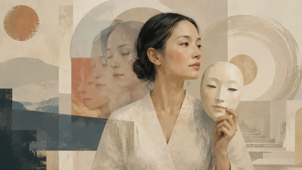 Femme tenant un masque devant plusieurs représentations de son visage, évoquant l’image de soi et l’identité.