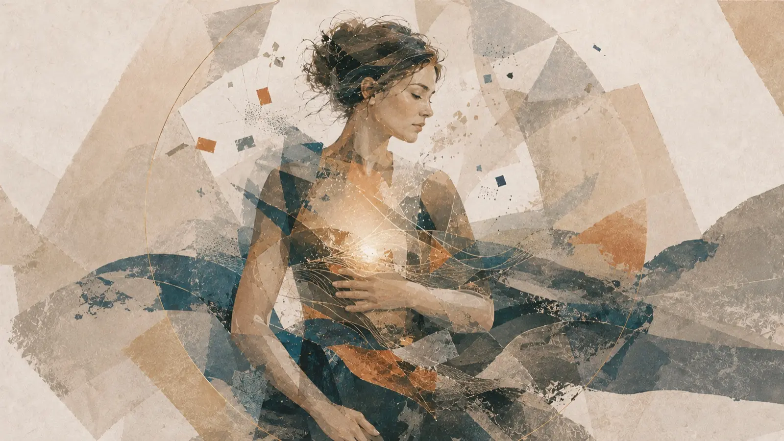 Femme entourée de formes abstraites évoquant la perception et l’expérience intérieure