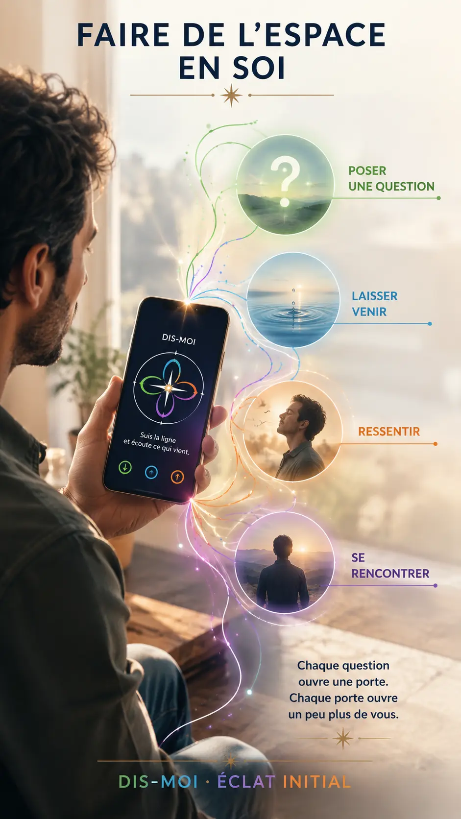 Homme utilisant Dis-Moi sur son téléphone pour porter son attention sur ce qui apparaît en lui.