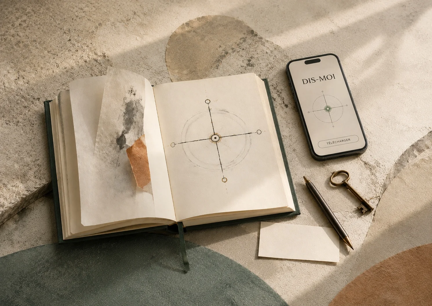 Écouter ce qui existe en moi – exploration intérieure Carnet d’exploration intérieure avec le symbole Dis-Moi pour observer ce qui est présent en soi