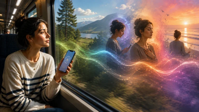 Femme dans un train explorant différents états de conscience, de l’absorption aux états plus profonds.