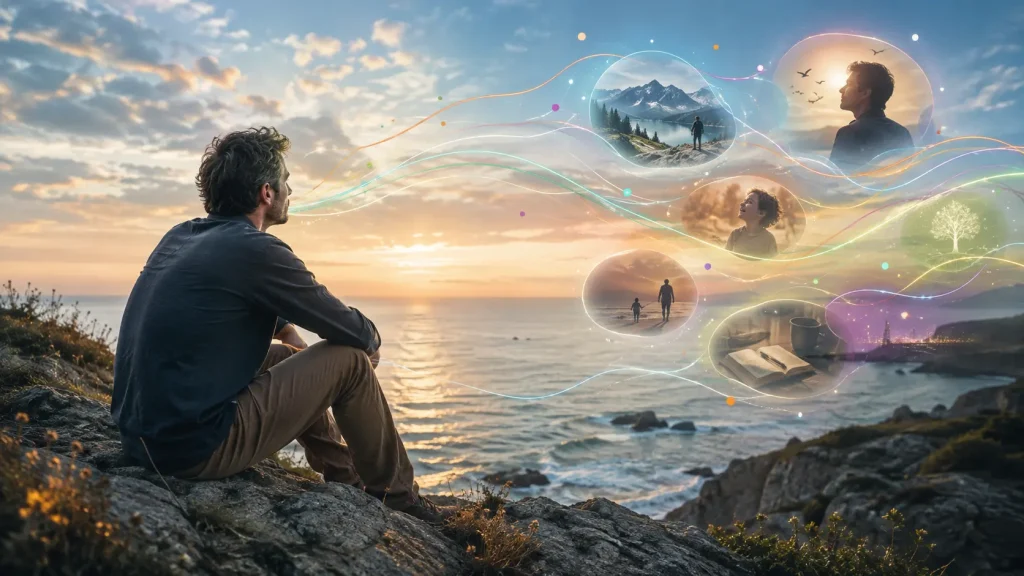 Homme face à la mer évoquant l’attention, les souvenirs et l’exploration intérieure.