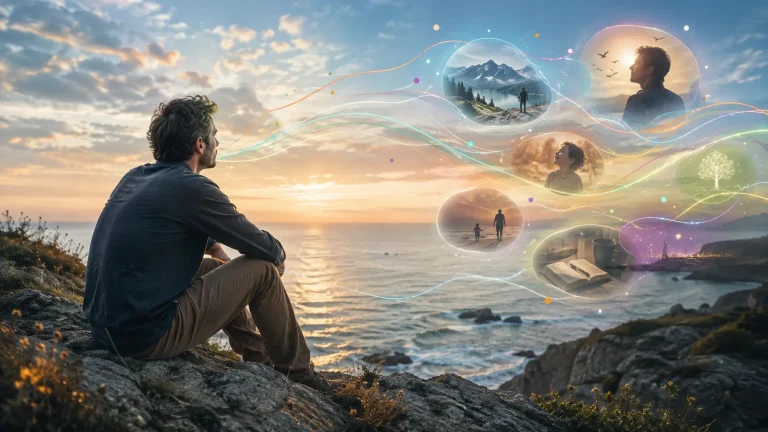Homme face à la mer évoquant l’attention, les souvenirs et l’exploration intérieure.