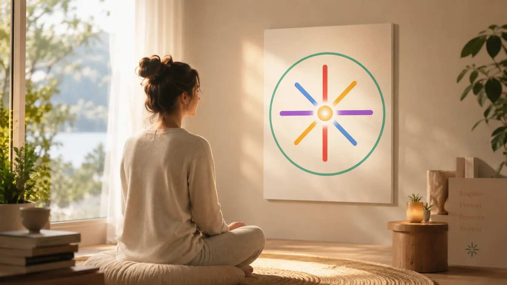 Personne méditant devant le symbole coloré de la méthode Éclat Initial pour développer l'attention et le recentrage.