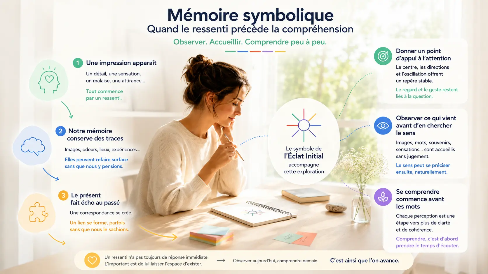 Infographie sur la mémoire symbolique, le ressenti, les souvenirs et l’exploration avec le symbole de l’Éclat Initial.