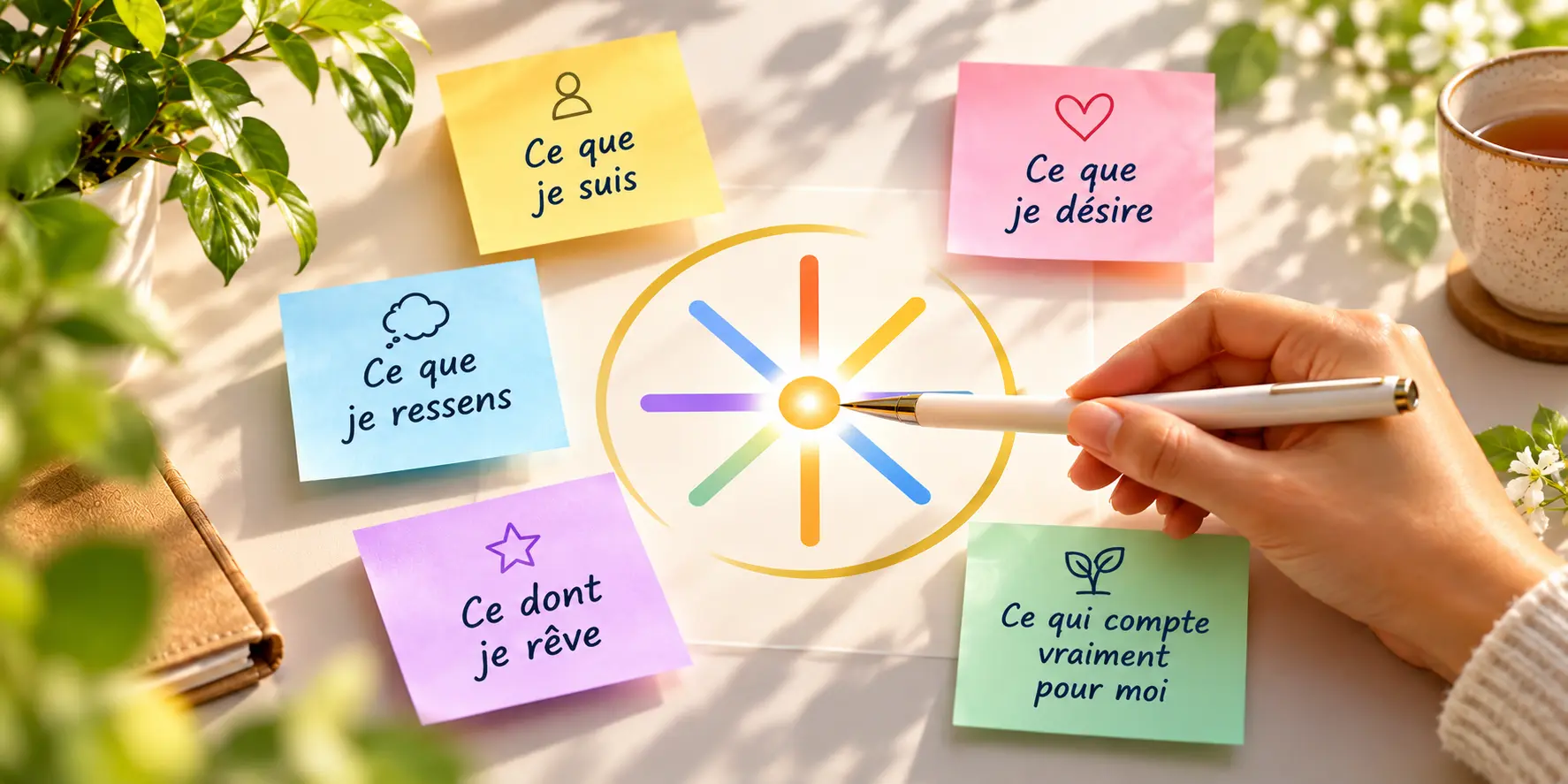 Symbole de l’Éclat Initial entouré de thèmes d’exploration intérieure : ce que je suis, ce que je désire, ce que je ressens, ce dont je rêve et ce qui compte vraiment pour moi.